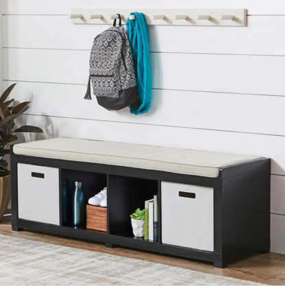 Entryway Mudroom Foyer Storage Bench Wood Cushion Window Seat 4 Cube Black