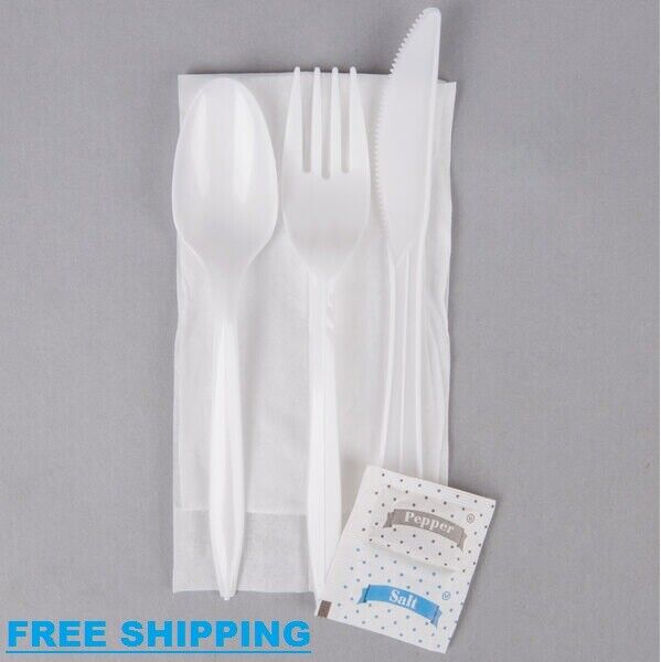 (500-Pack) Disposable White Plastic Cutlery Set, Napkin, Salt and Pepper Packets