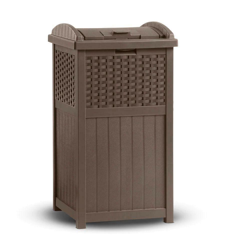 Suncast Resin Wicker Outdoor Patio Trash Can Hideaway Hold 30 Gallon Garbage Bag