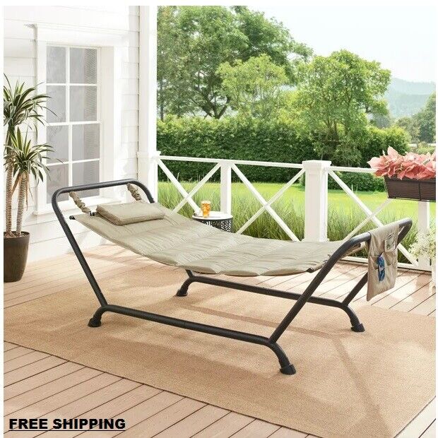 Quilted Hammock With Stand And Pillow Outdoor Patio Lounge Steel Frame Beige