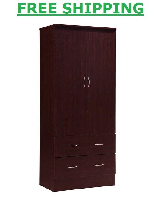 Bedroom Armoire 2-door 2-drawers Wardrobe Storage Closet Cabinet Wood Home Brown