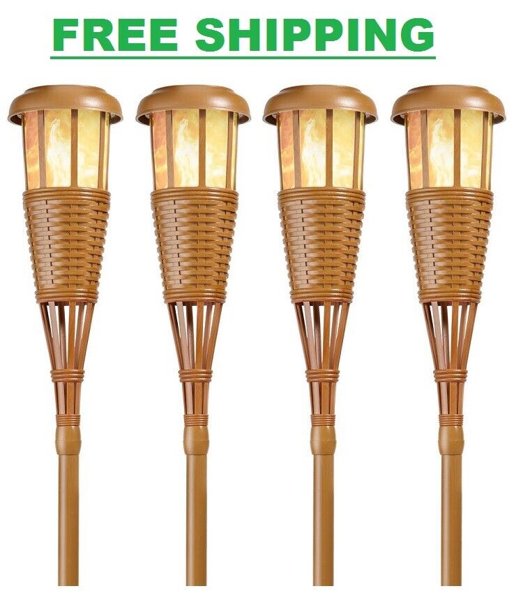 Outdoor Yard Bamboo Solar Torches Light Island Flickering Flame Effect (4-Pack)