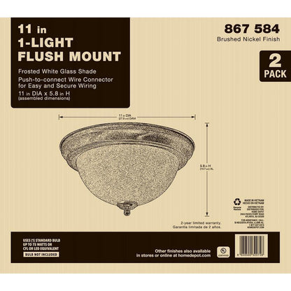 Ceiling Light Fixture Frosted Glass Shade Flush Mount 2-Pack 11" Brushed Nickel