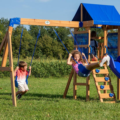 Kids Outdoor Cedar Wood Swing Set Play Set W/ Clubhouse Slide Rock Wall Ladder