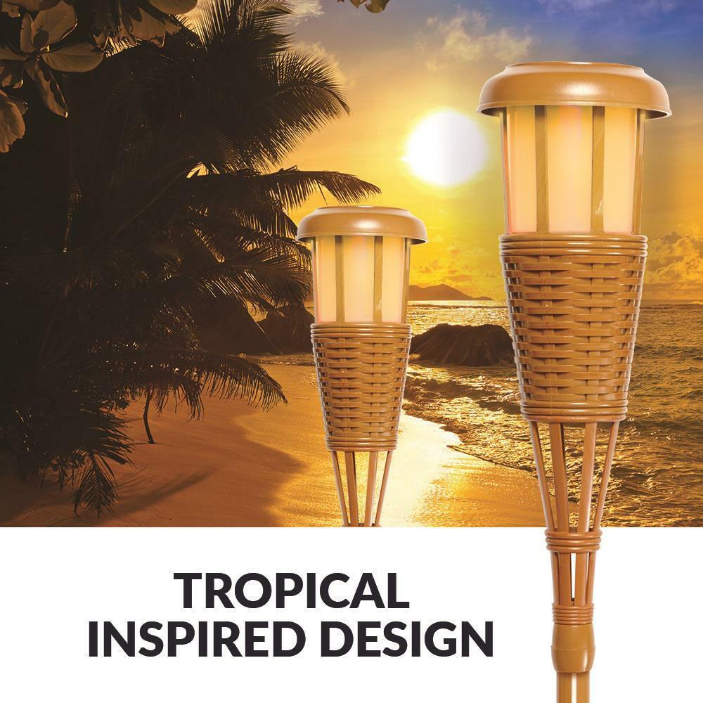 Outdoor Yard Bamboo Solar Torches Light Island Flickering Flame Effect (4-Pack)