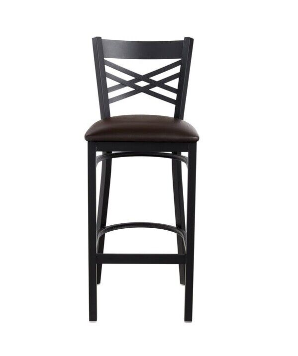 Cross Back Bar Height Chair Restaurant Bar Pub Seat Dark Brown Vinyl Seat