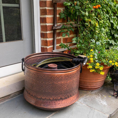 150 Ft Embossed Bronze Antique Finish Hose Holder Pot Storage Container 17Wx14H