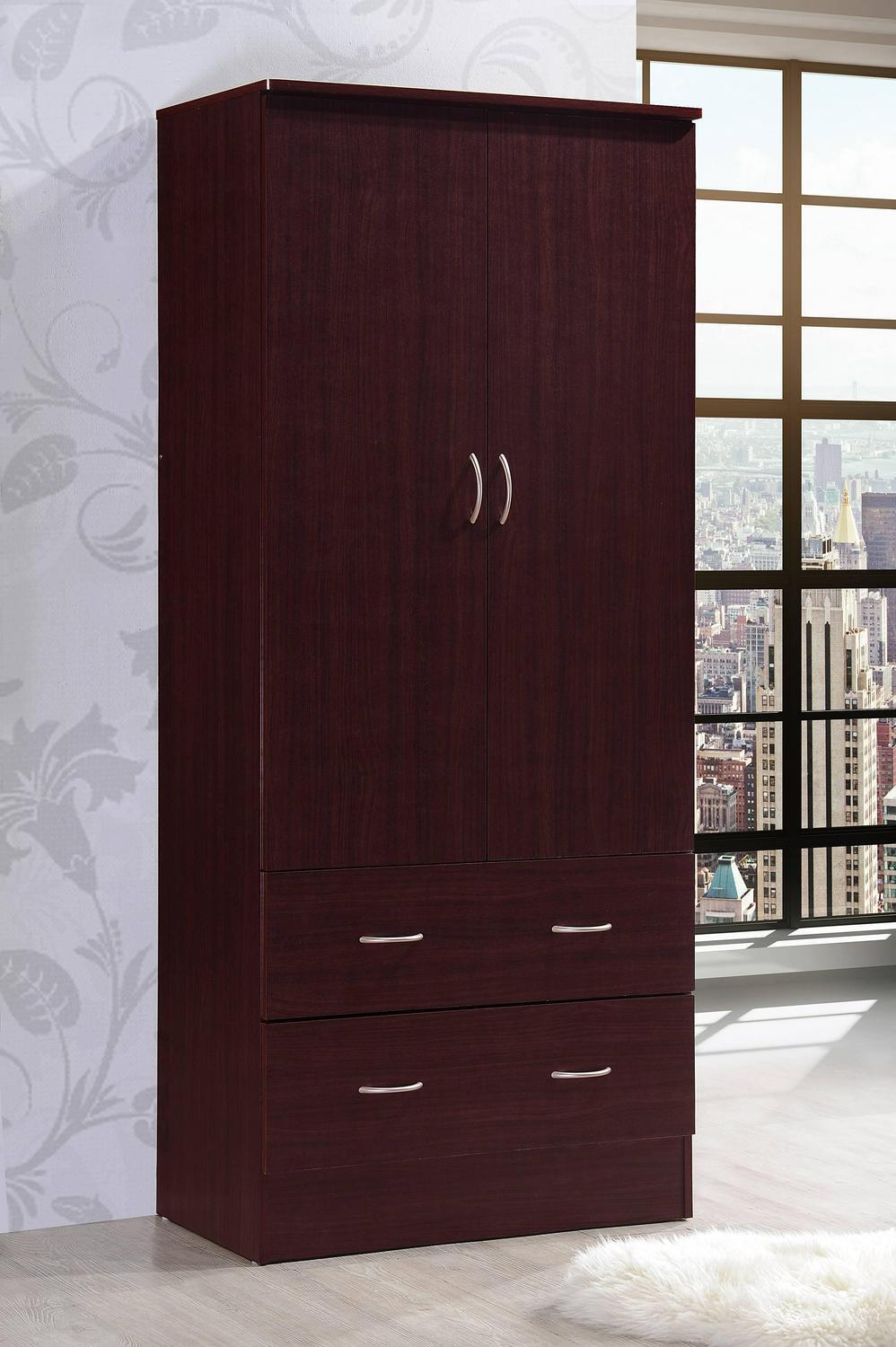 Bedroom Armoire 2-door 2-drawers Wardrobe Storage Closet Cabinet Wood Home Brown