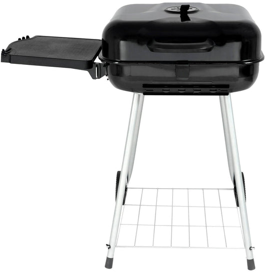 22" Square Charcoal Grill with Foldable Side Shelf, Wheels, Black NEW