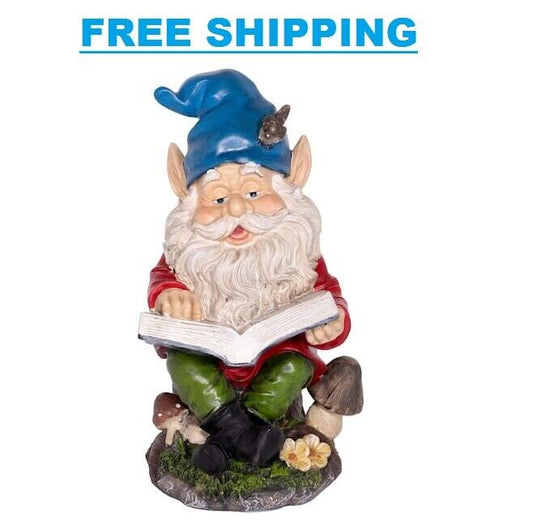 Garden Statue 14 in. Outdoor Whimsical Gnome Reading A Book Lawn Decoration