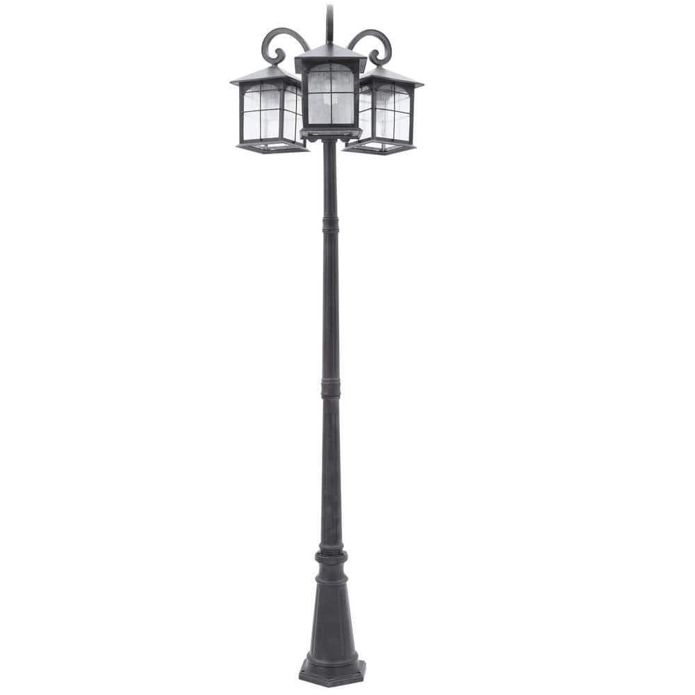 Outdoor Post Light 3-Head Aged Iron Traditional Lantern 88.5" Seedy Glass Shade