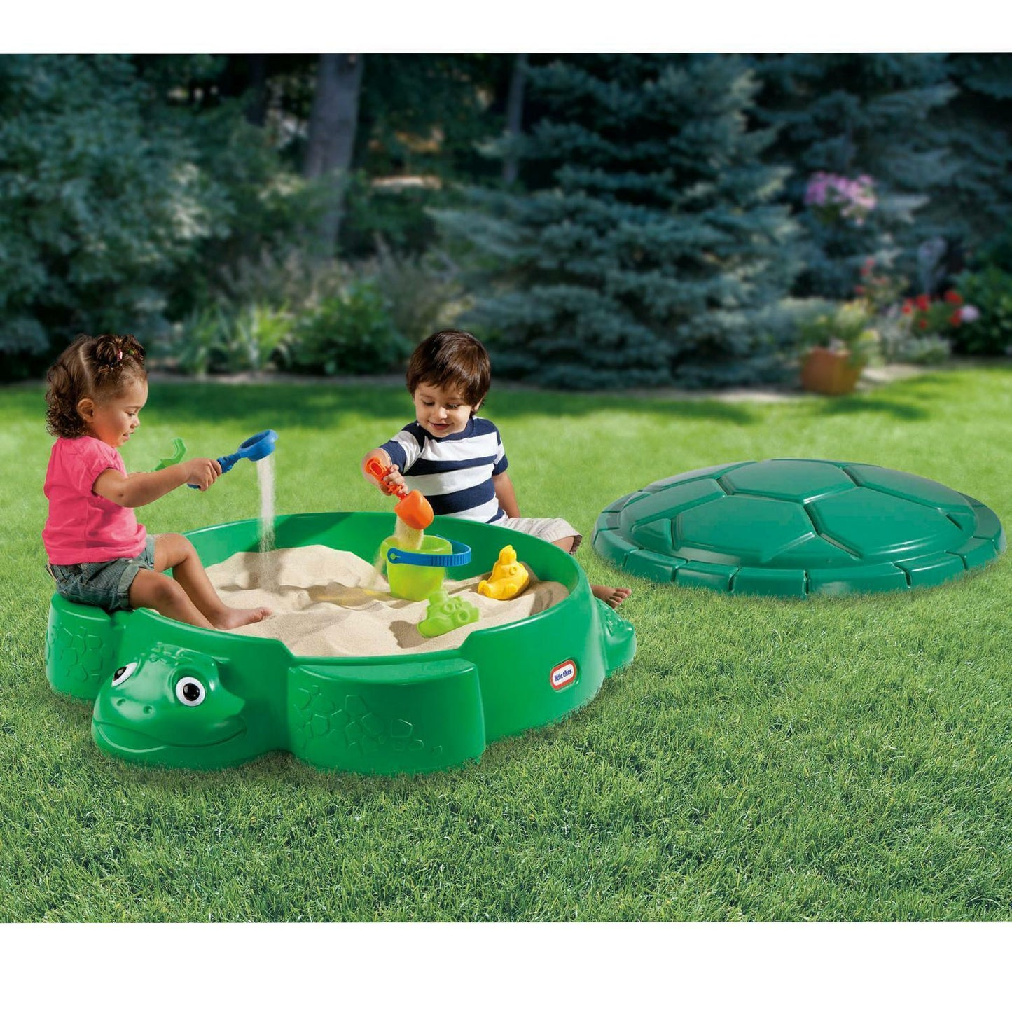 Kids Outdoor Sandbox Turtle Sand Box Molded Green Backyard Fun w/ Sturdy Lid NEW