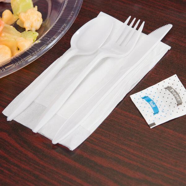 (500-Pack) Disposable White Plastic Cutlery Set, Napkin, Salt and Pepper Packets