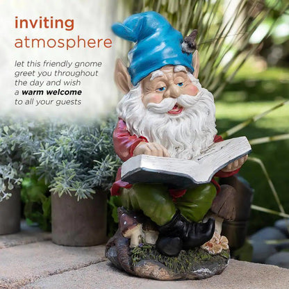 Garden Statue 14 in. Outdoor Whimsical Gnome Reading A Book Lawn Decoration