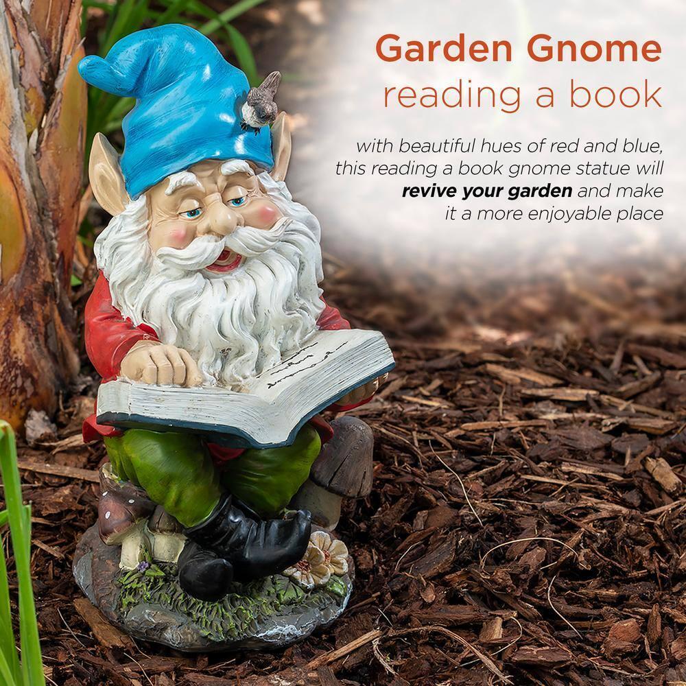 Garden Statue 14 in. Outdoor Whimsical Gnome Reading A Book Lawn Decoration