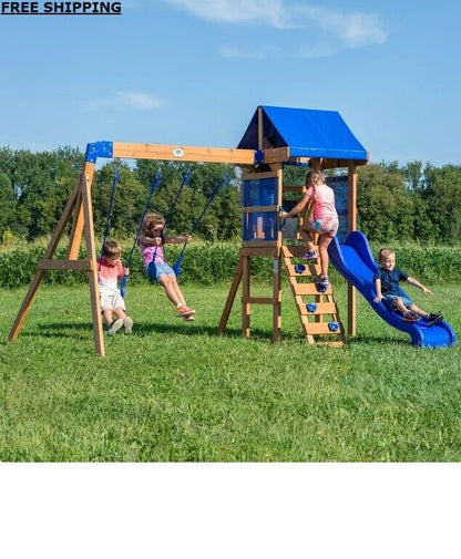 Kids Outdoor Cedar Wood Swing Set Play Set W/ Clubhouse Slide Rock Wall Ladder