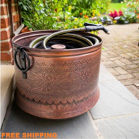 150 Ft Embossed Bronze Antique Finish Hose Holder Pot Storage Container 17Wx14H