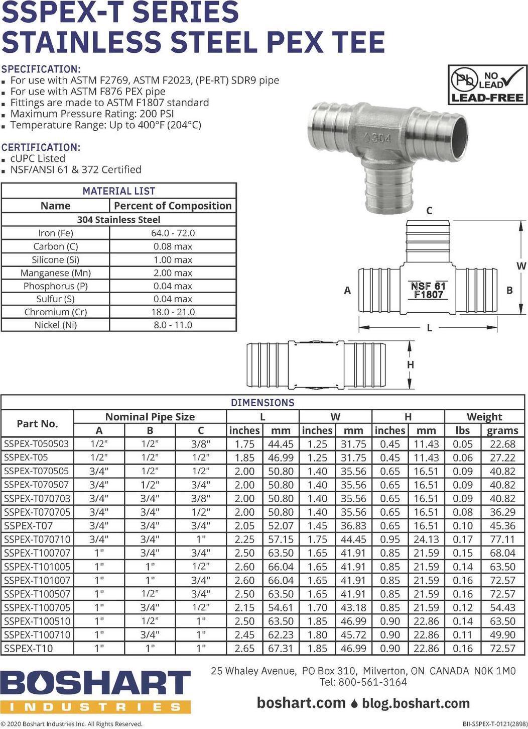 BOSHART 304 Stainless Steel PEX TEE 3/4" x 1/2" x 3/4"  Crimp Fitting Pack of 25