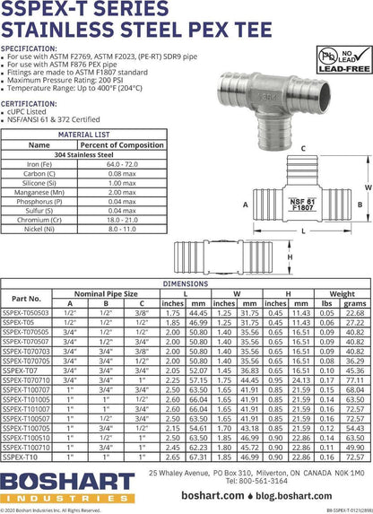 BOSHART 304 Stainless Steel PEX TEE 3/4" x 1/2" x 3/4"  Crimp Fitting Pack of 25