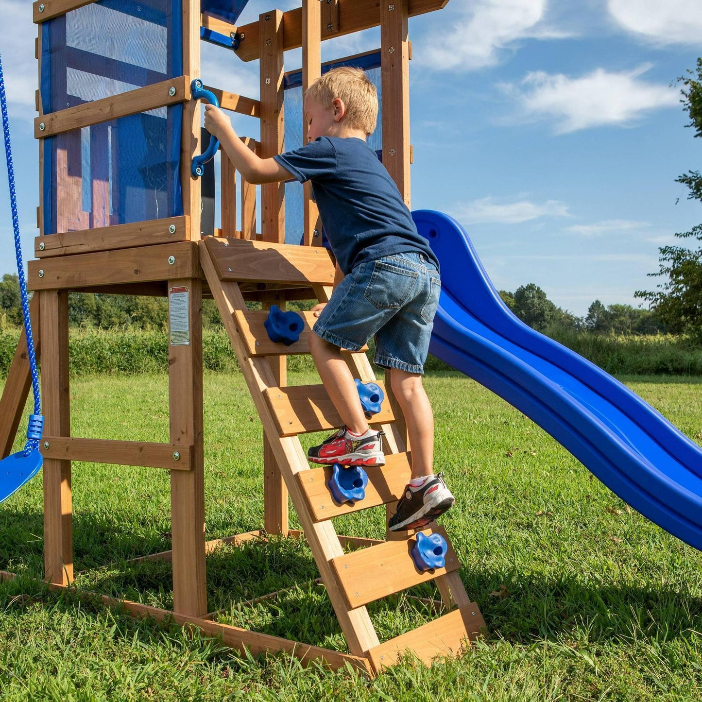 Kids Outdoor Cedar Wood Swing Set Play Set W/ Clubhouse Slide Rock Wall Ladder