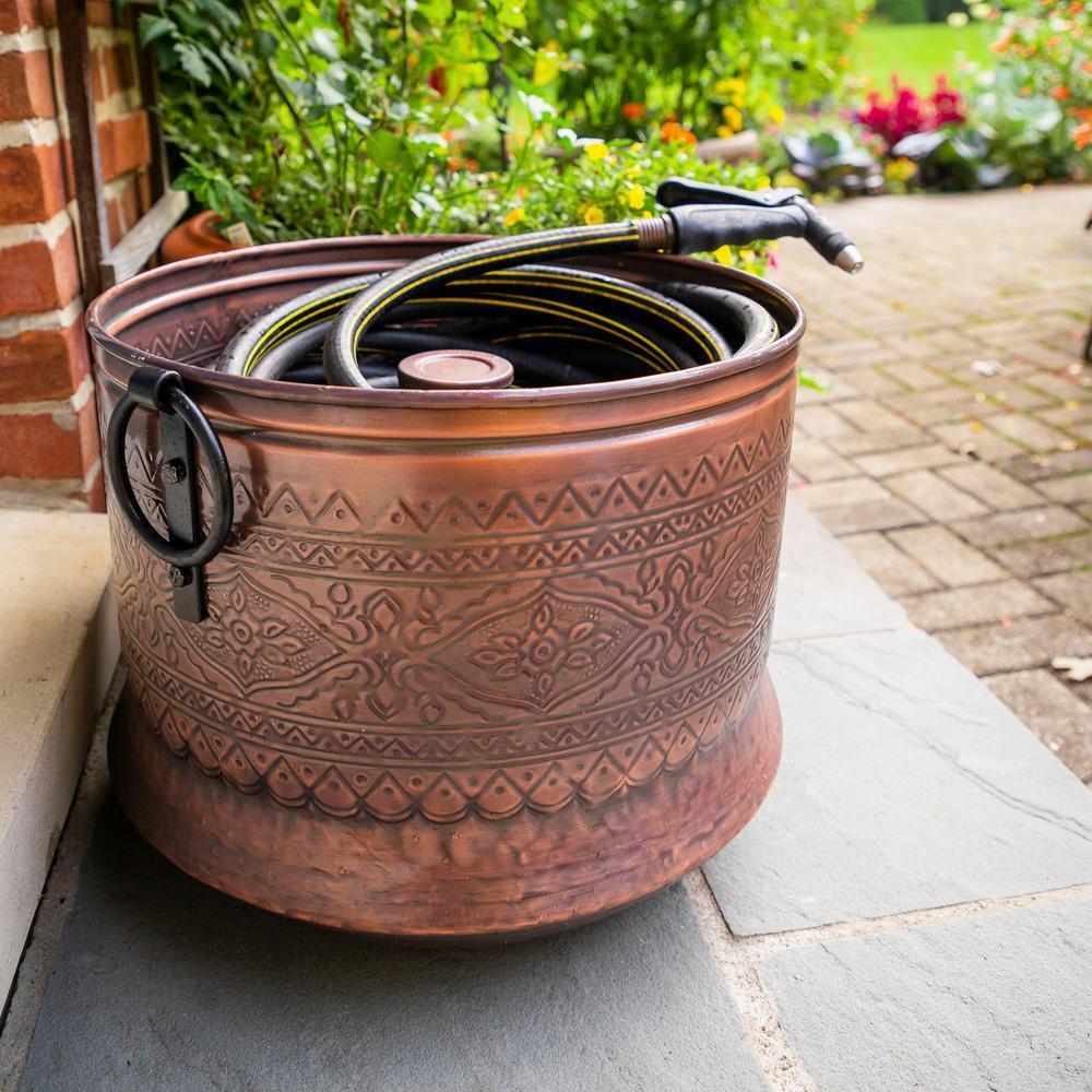 150 Ft Embossed Bronze Antique Finish Hose Holder Pot Storage Container 17Wx14H