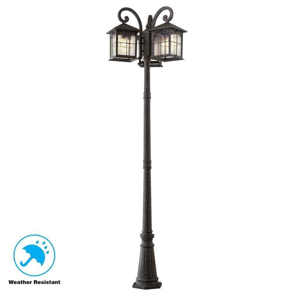 Outdoor Post Light 3-Head Aged Iron Traditional Lantern 88.5" Seedy Glass Shade