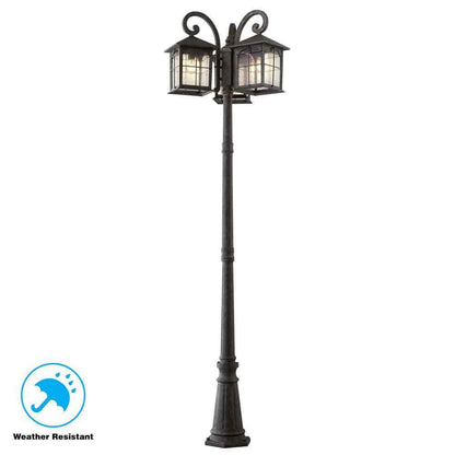 Outdoor Post Light 3-Head Aged Iron Traditional Lantern 88.5" Seedy Glass Shade