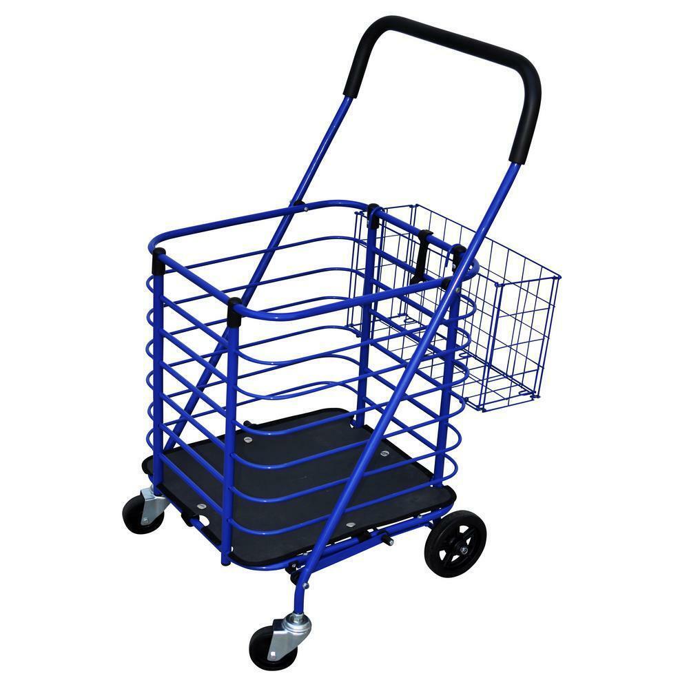 Steel Shopping Cart Blue W/ Accessory Basket W/ Removable Base Support