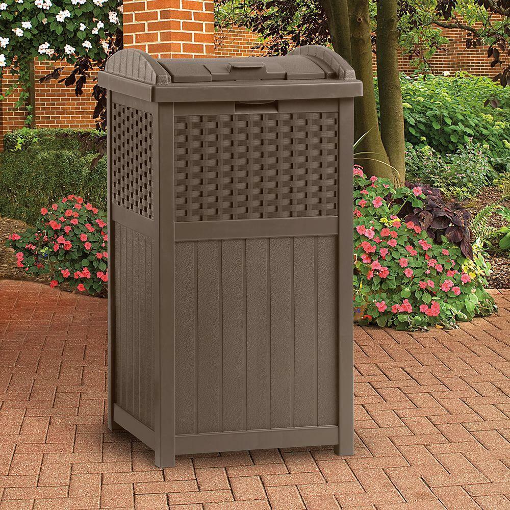 Suncast Resin Wicker Outdoor Patio Trash Can Hideaway Hold 30 Gallon Garbage Bag