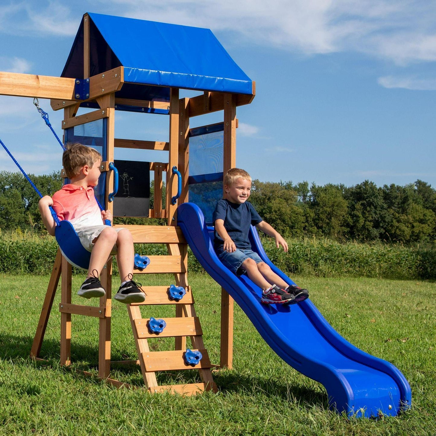 Kids Outdoor Cedar Wood Swing Set Play Set W/ Clubhouse Slide Rock Wall Ladder