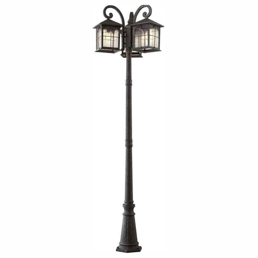 Outdoor Post Light 3-Head Aged Iron Traditional Lantern 88.5" Seedy Glass Shade