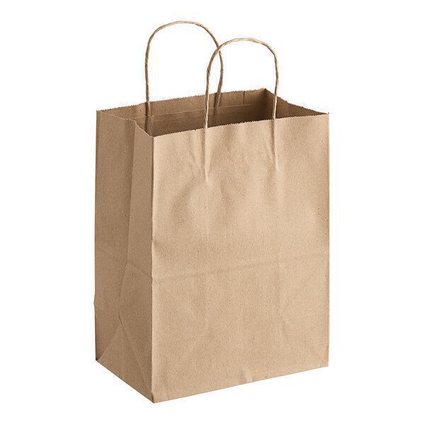 250 Natural Brown Kraft Paper Shopping Bags with Handle, 8" x 4 1/2" x 10 1/4"